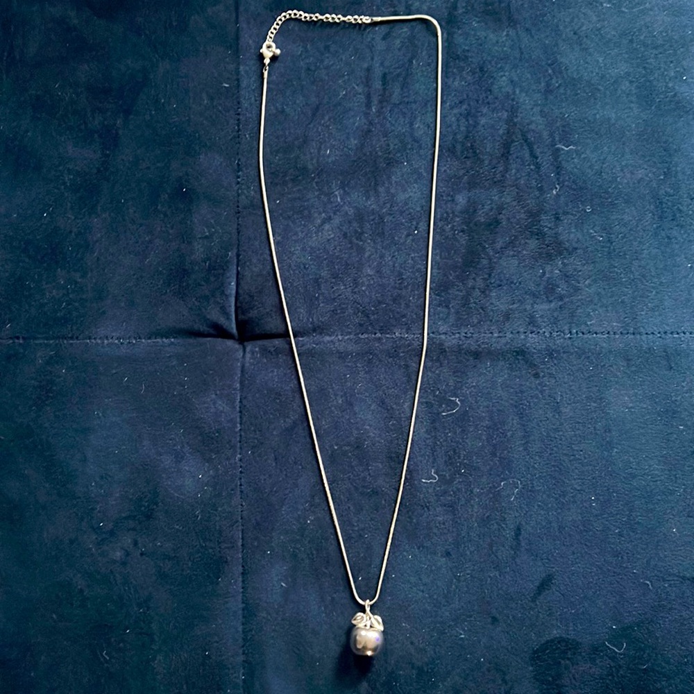 Silver Apple tassel necklace. 30” long, adjustable